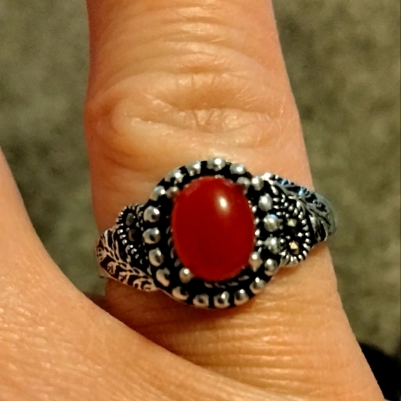 Natural Custom Red Onyx & Marcasite 925 Ring - Picture 2 of 6